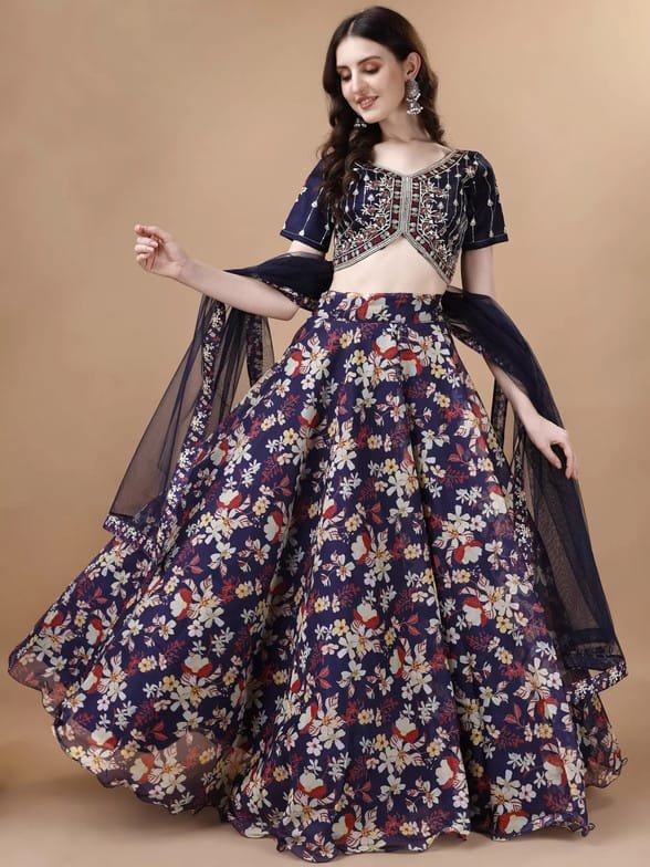 Trivenika Whie & Maroon Printed Lehenga Choli