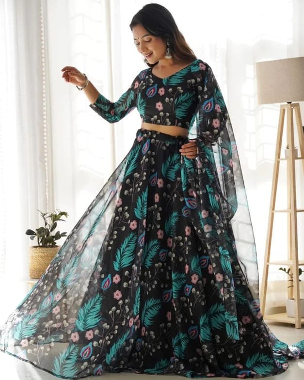 Trivenika Blue Leaf Printed Lehenga Choli