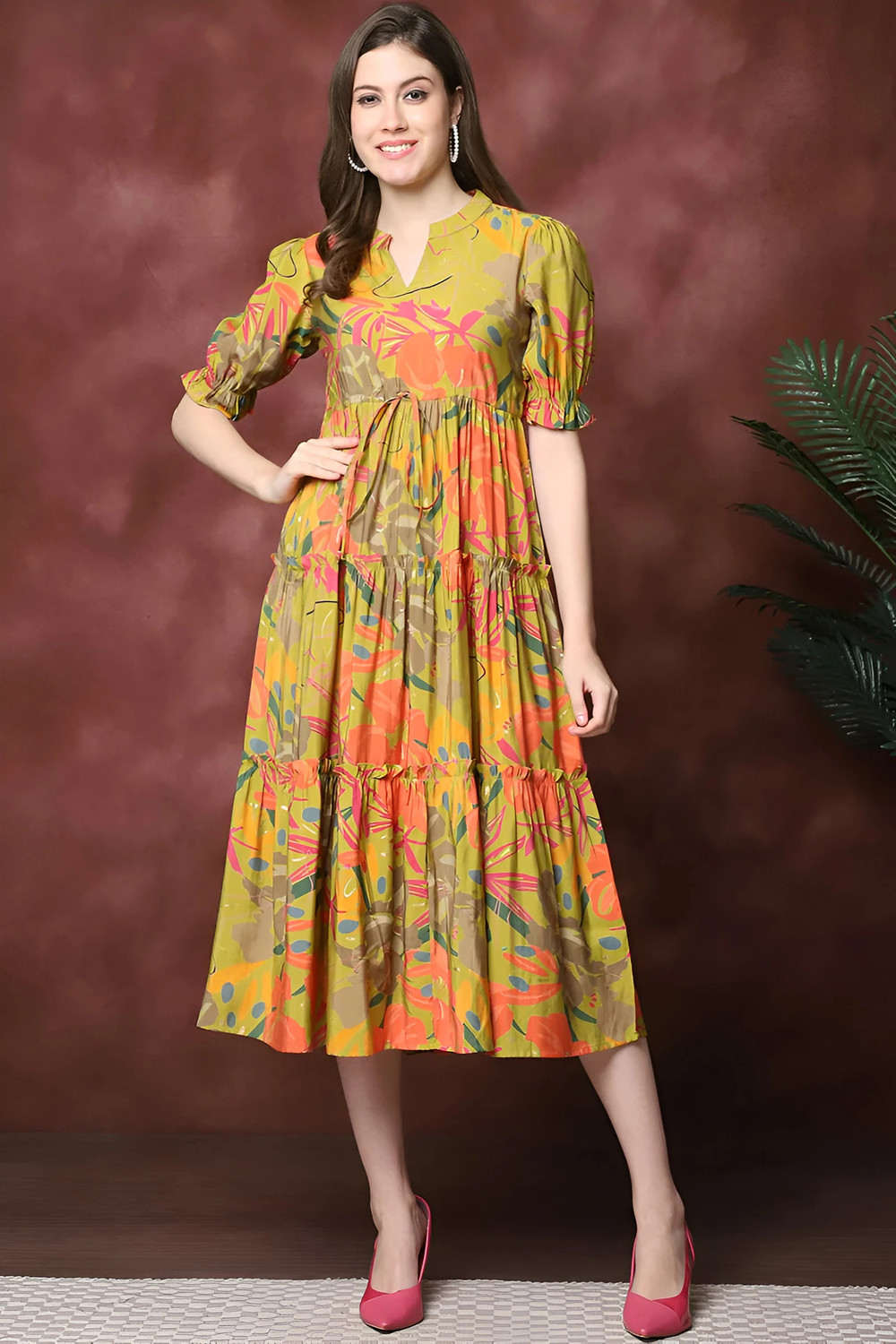 Zeflora Tiered Puff-Sleeve Midi Dress