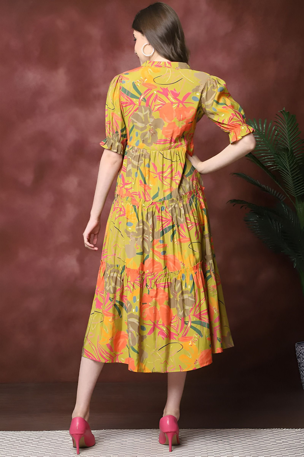 Zeflora Tiered Puff-Sleeve Midi Dress
