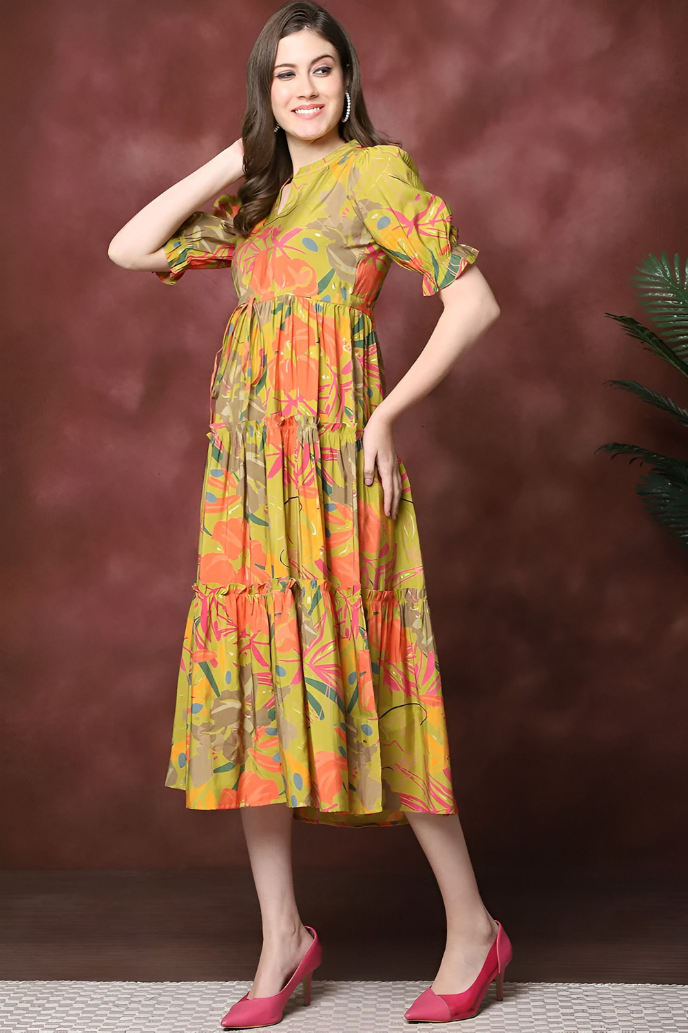 Zeflora Tiered Puff-Sleeve Midi Dress