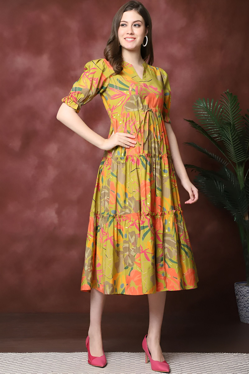 Zeflora Tiered Puff-Sleeve Midi Dress