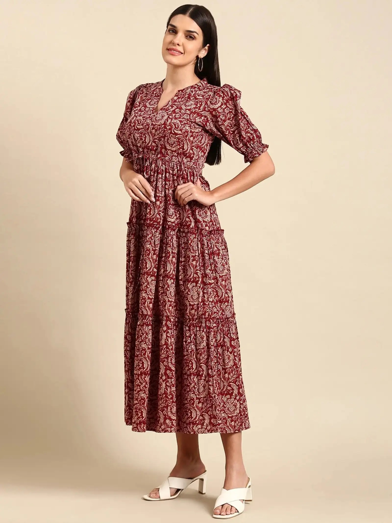 Zeflora Floral Bell-Sleeve Midi Dress