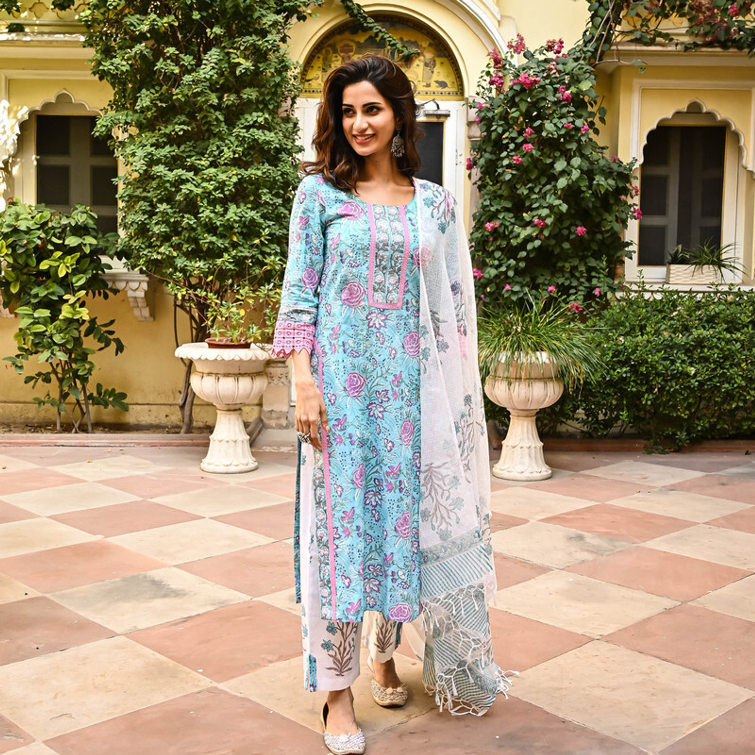 Rivanta Sky Blue Floral  Salwar Suit Set 
