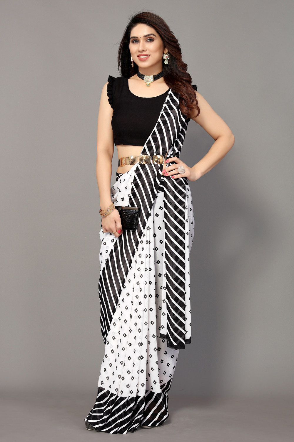 Yarie  Striped Bollywood Georgette Saree with Blouse 
