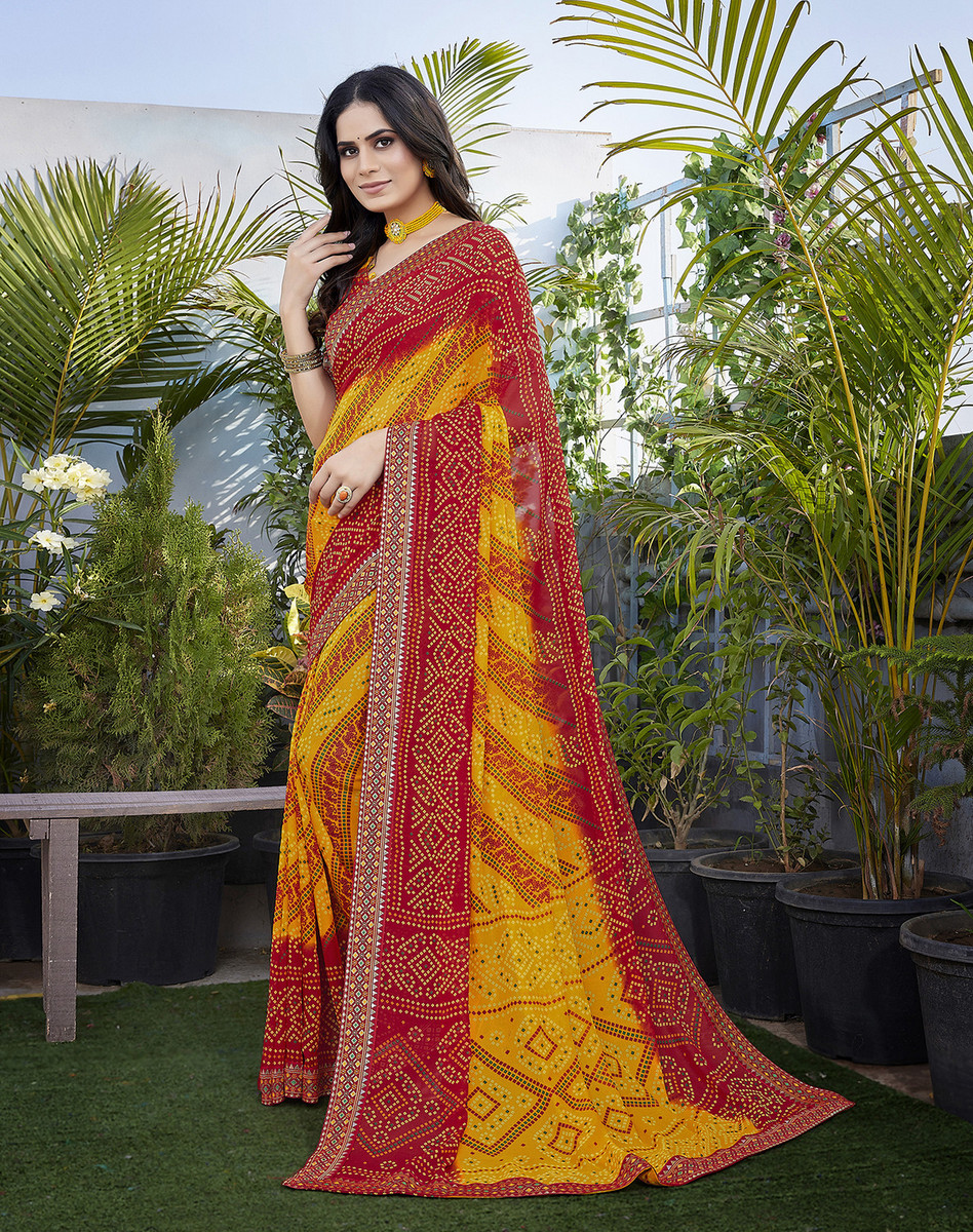 Yarie Georgette Lace Bandhani Wedding, Party Saree