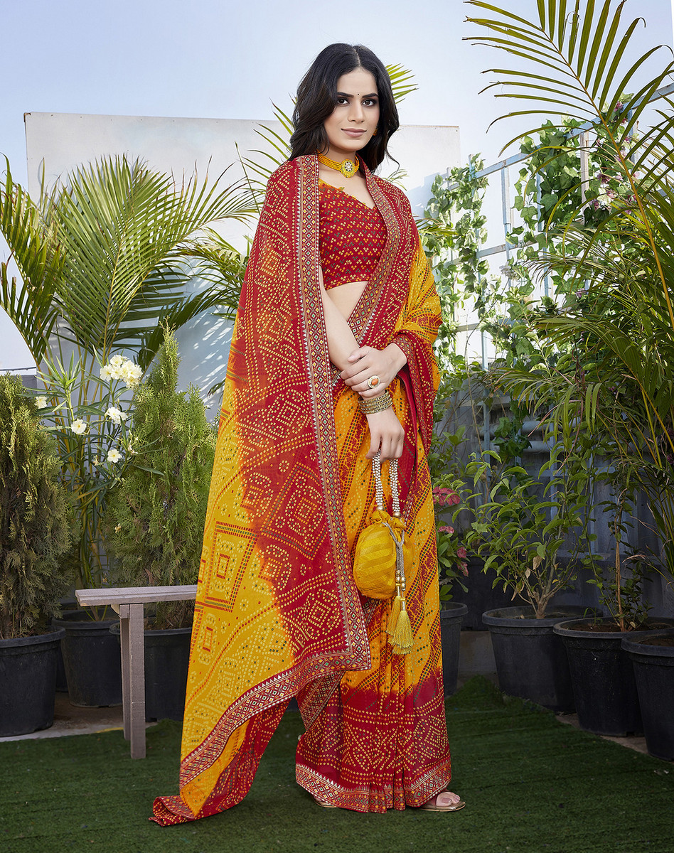 Yarie Georgette Lace Bandhani Wedding, Party Saree