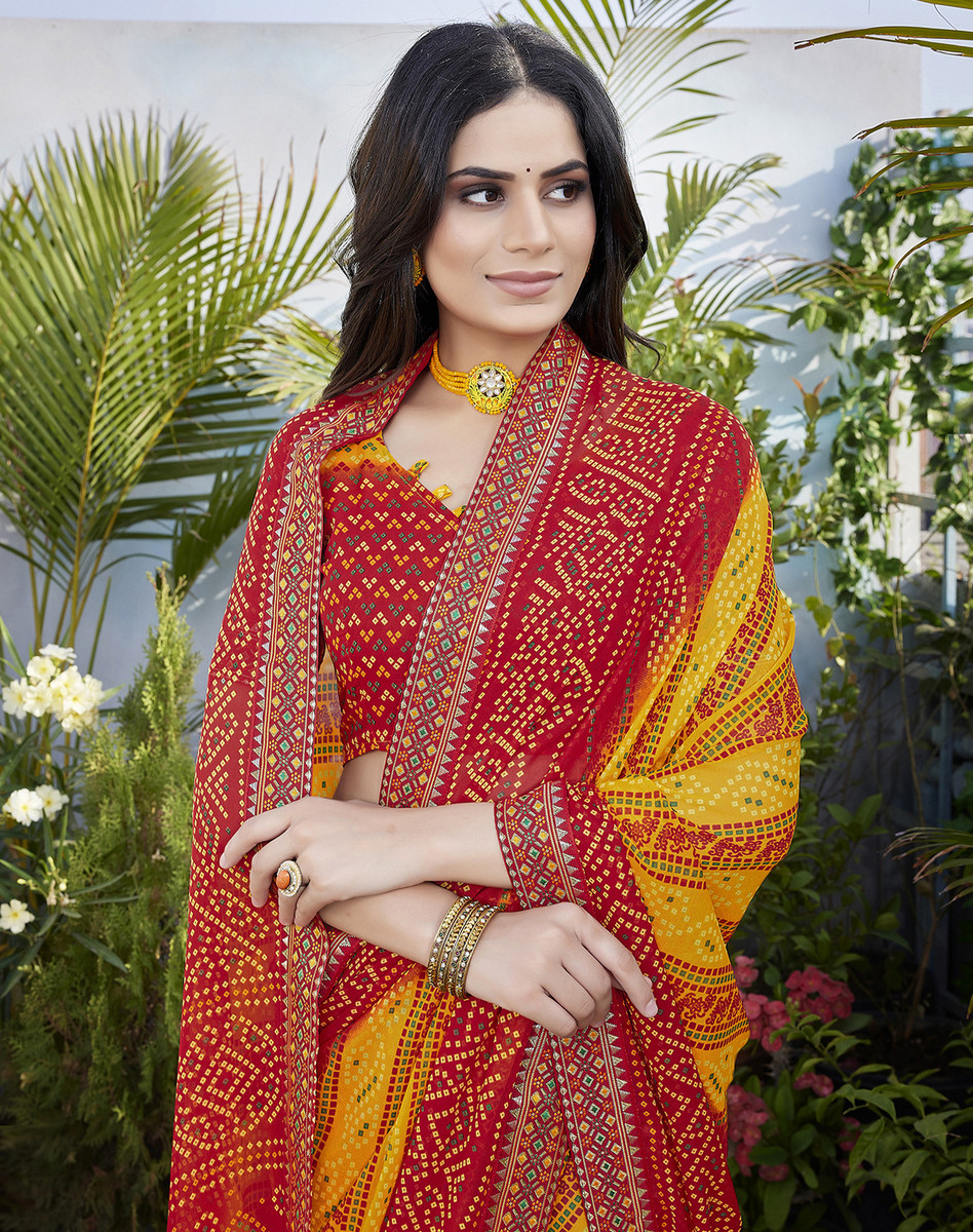 Yarie Georgette Lace Bandhani Wedding, Party Saree