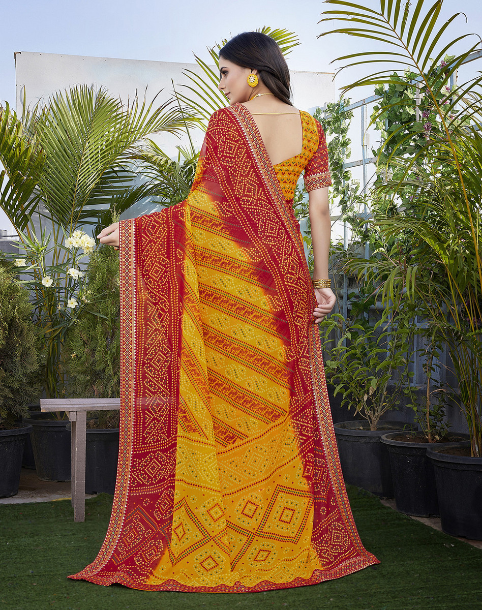 Yarie Georgette Lace Bandhani Wedding, Party Saree