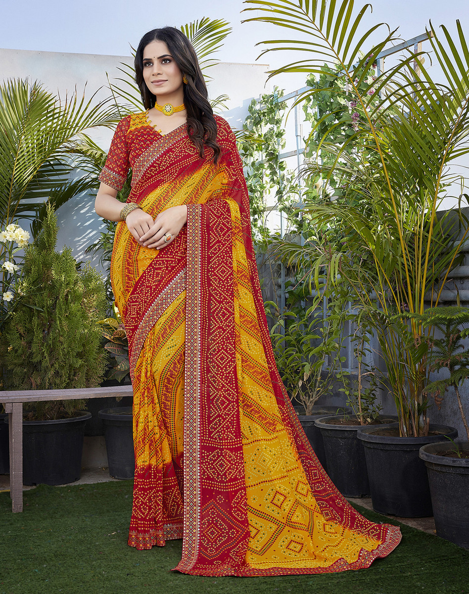 Yarie Georgette Lace Bandhani Wedding, Party Saree