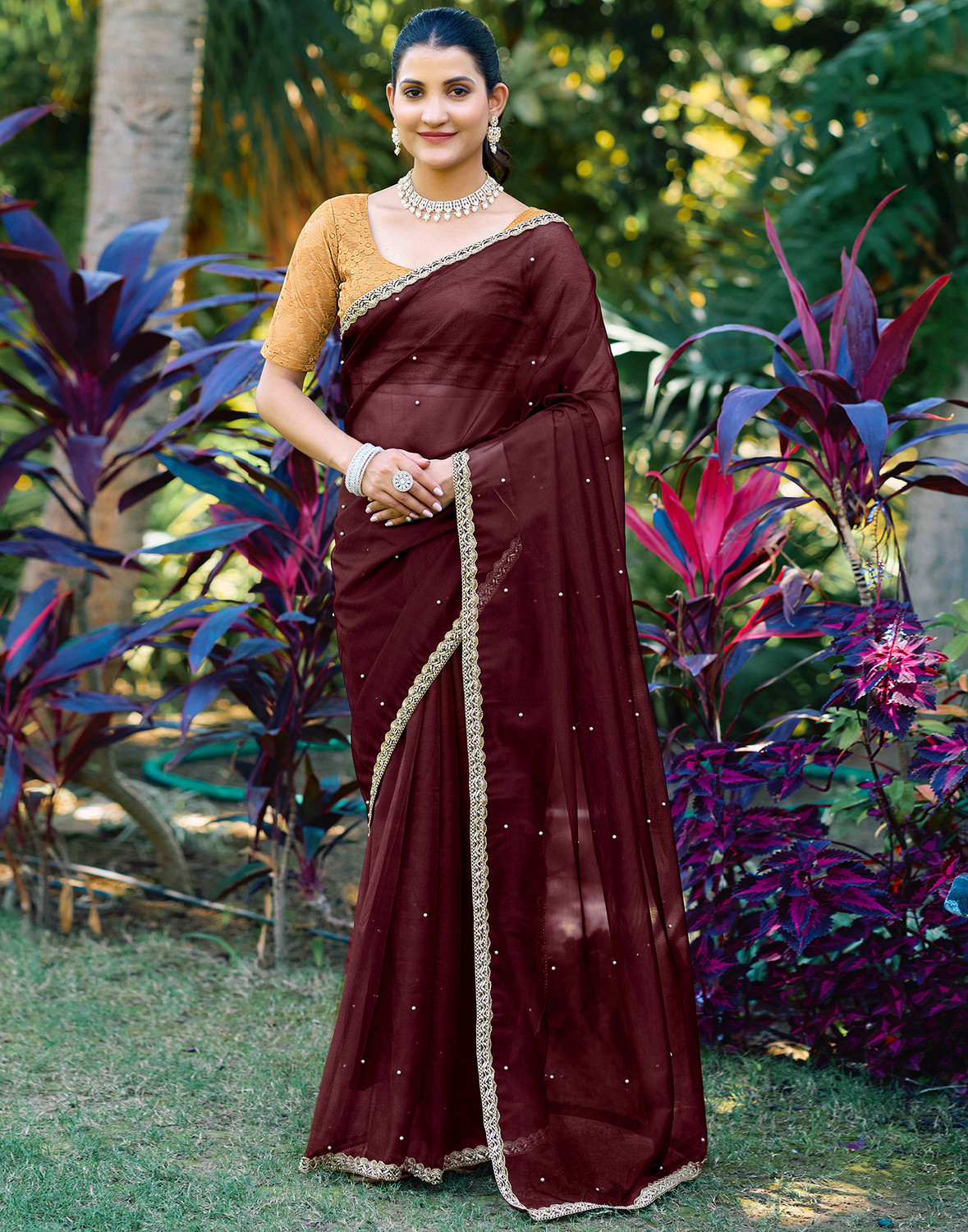 Sharini Dyed & Embellished Net Lace Saree
