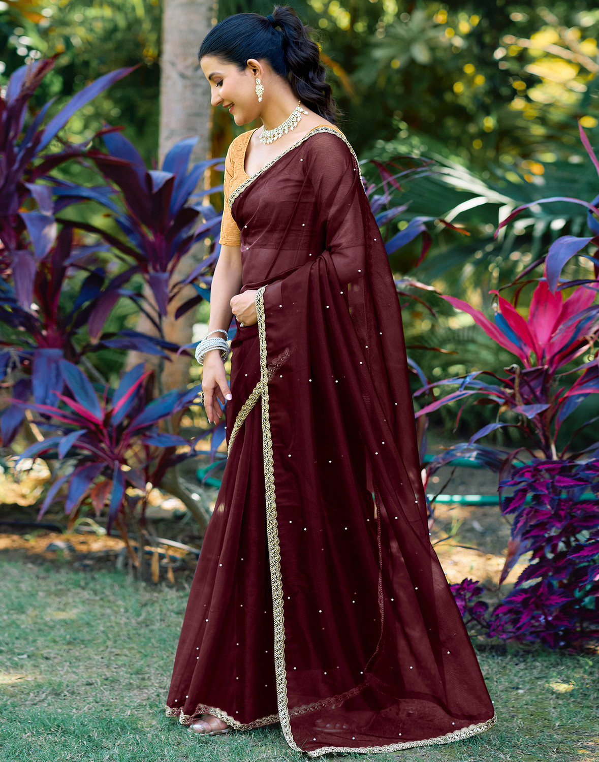 Sharini Dyed & Embellished Net Lace Saree