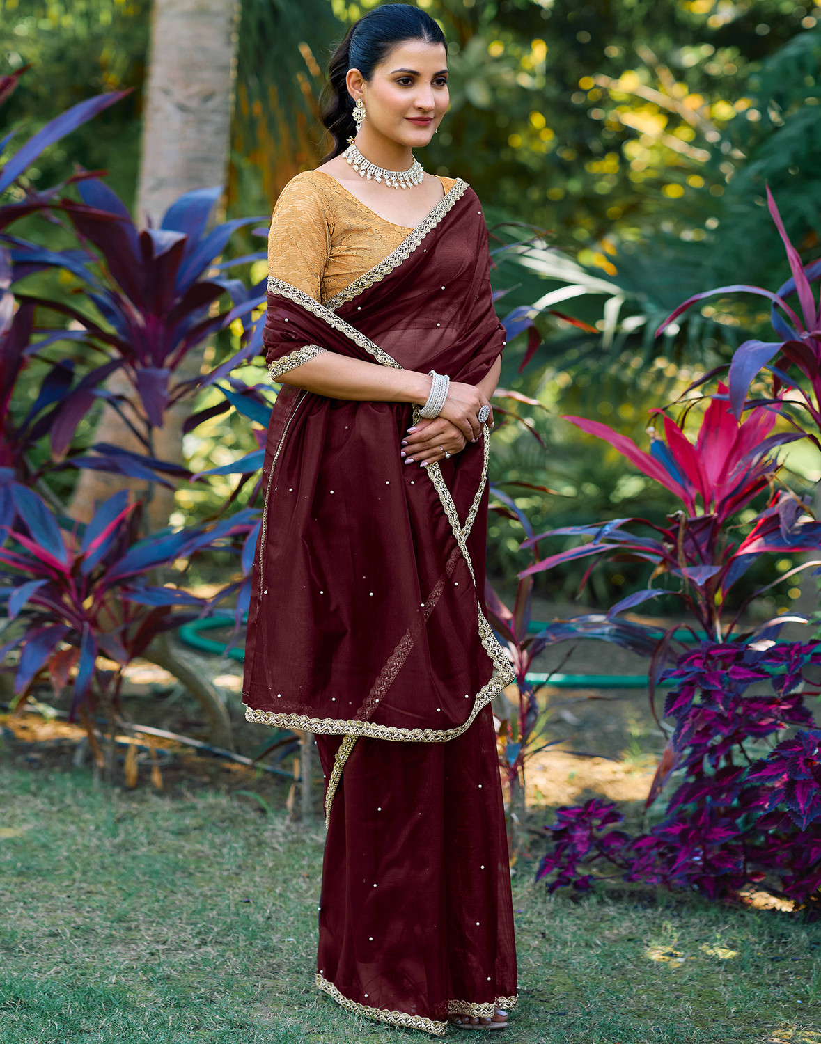 Sharini Dyed & Embellished Net Lace Saree