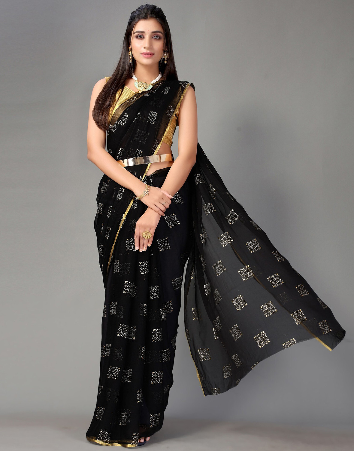 Sharini Mukaish Work & Golden Brocade Blouse Saree