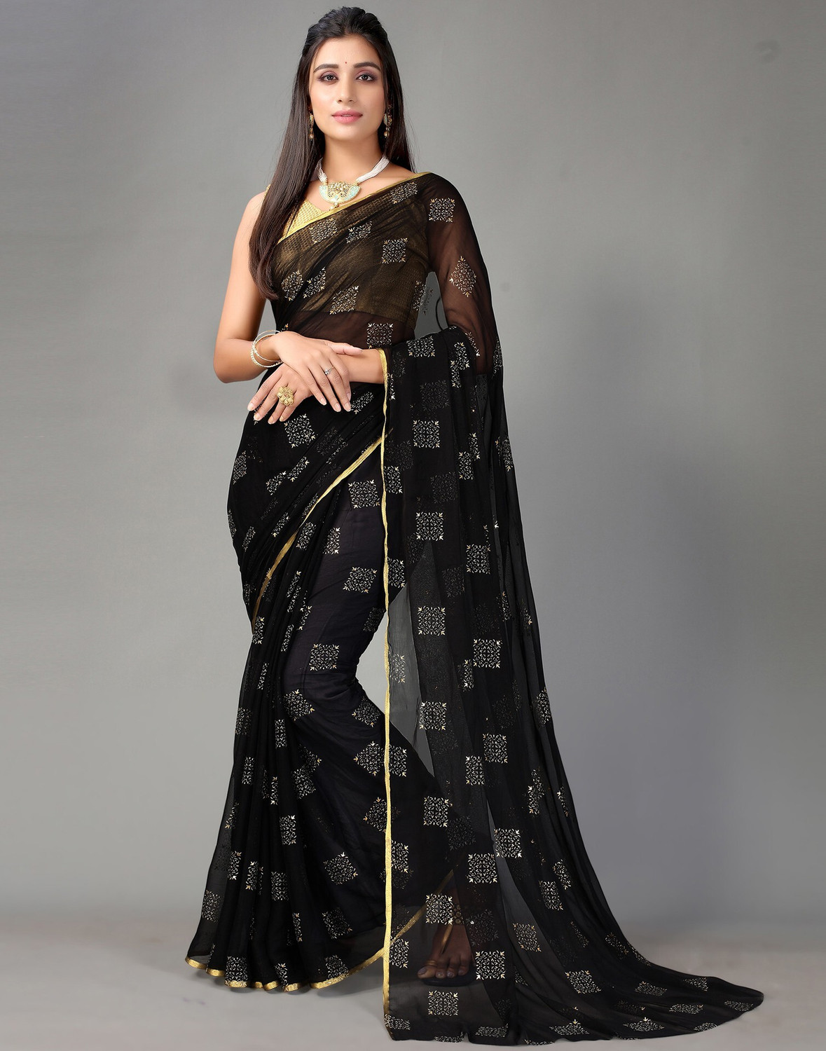 Sharini Mukaish Work & Golden Brocade Blouse Saree