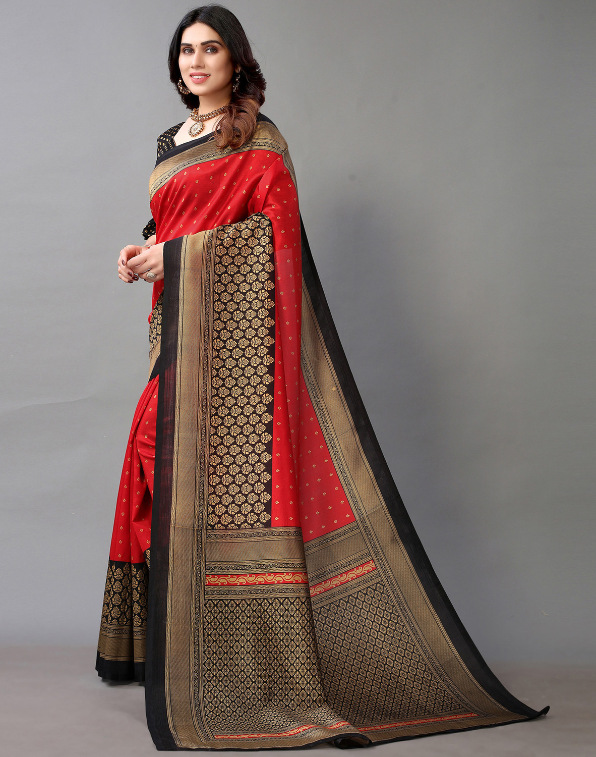 Sharini Red & Beige Printed Banarasi Blend Saree