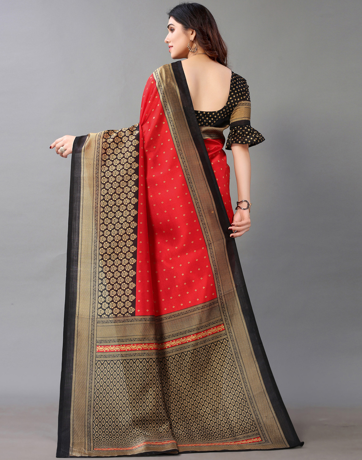Sharini Red & Beige Printed Banarasi Blend Saree