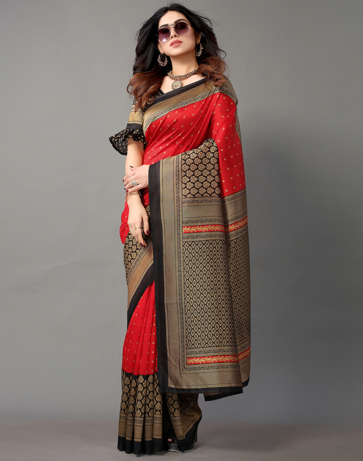 Sharini Red & Beige Printed Banarasi Blend Saree