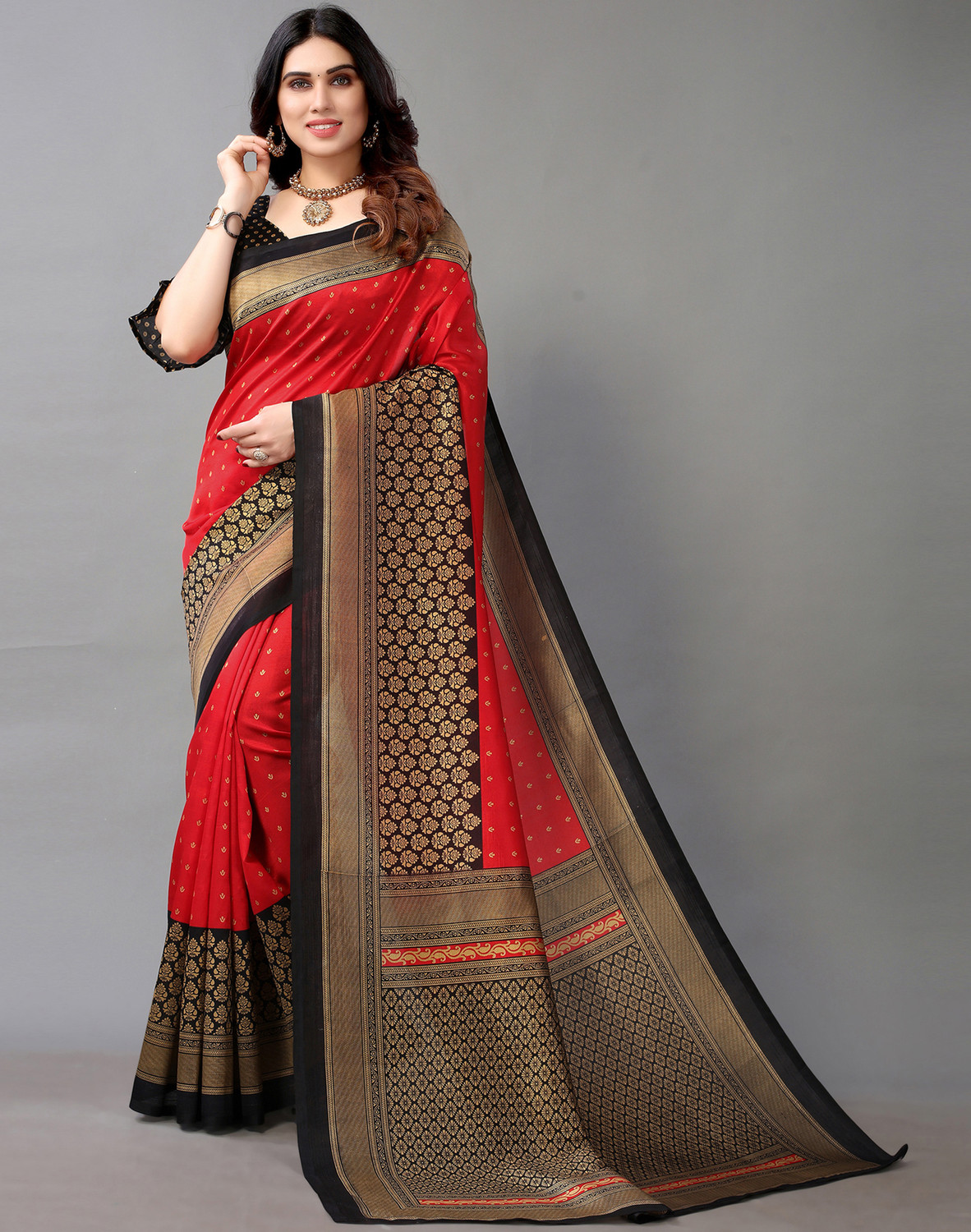 Sharini Red & Beige Printed Banarasi Blend Saree