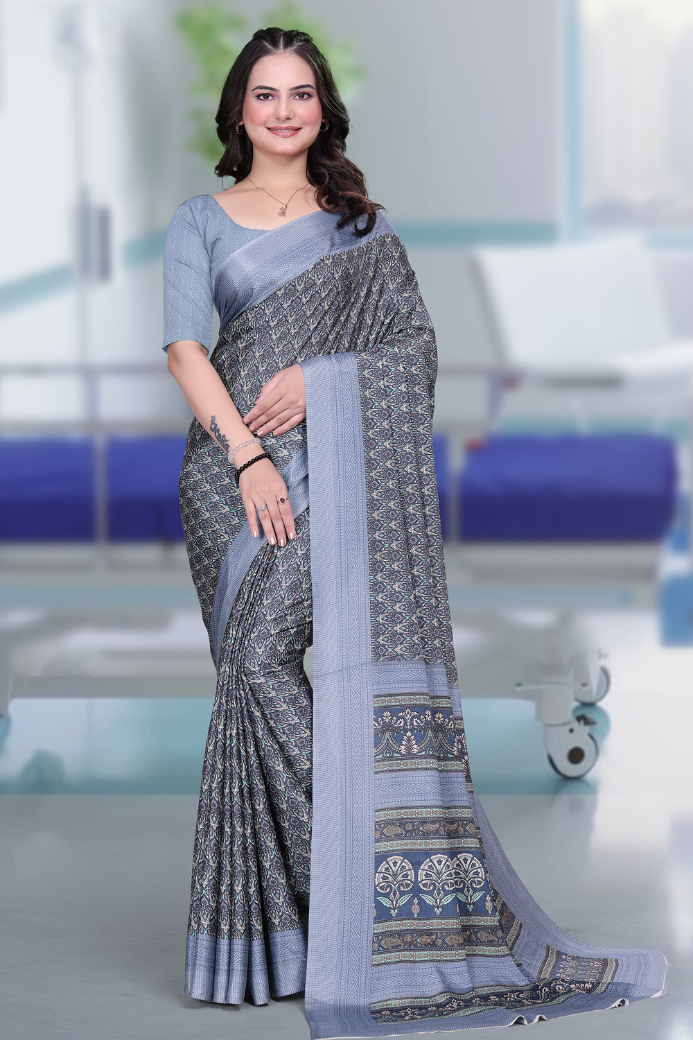   Kashvi Grey Crepe Saree