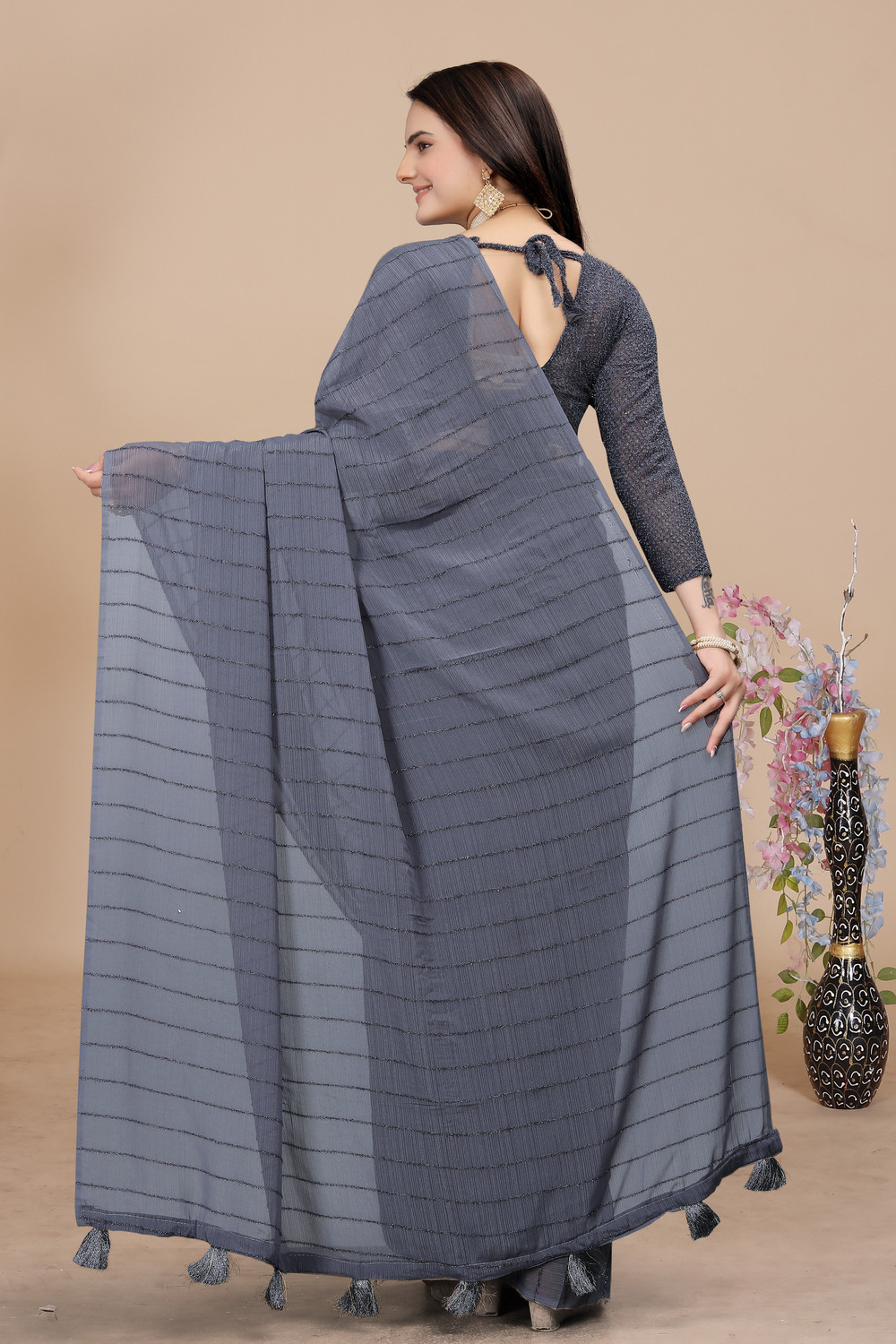 Kashvi Dark Blue  Lines Design  Saree