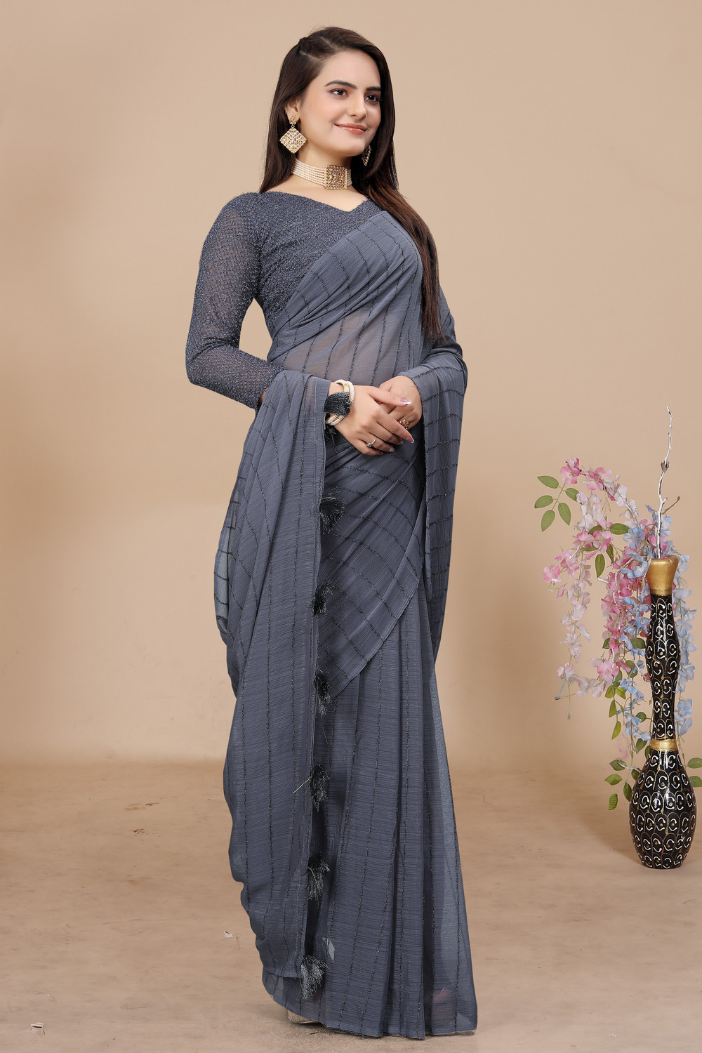 Kashvi Dark Blue  Lines Design  Saree
