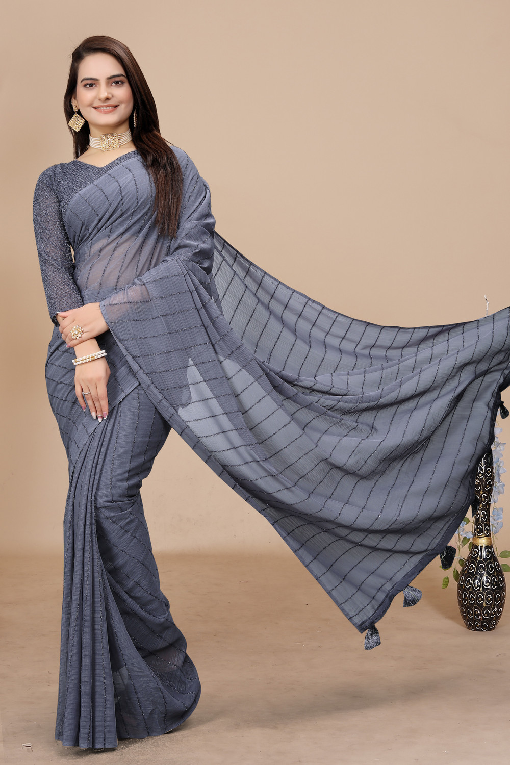 Kashvi Dark Blue  Lines Design  Saree