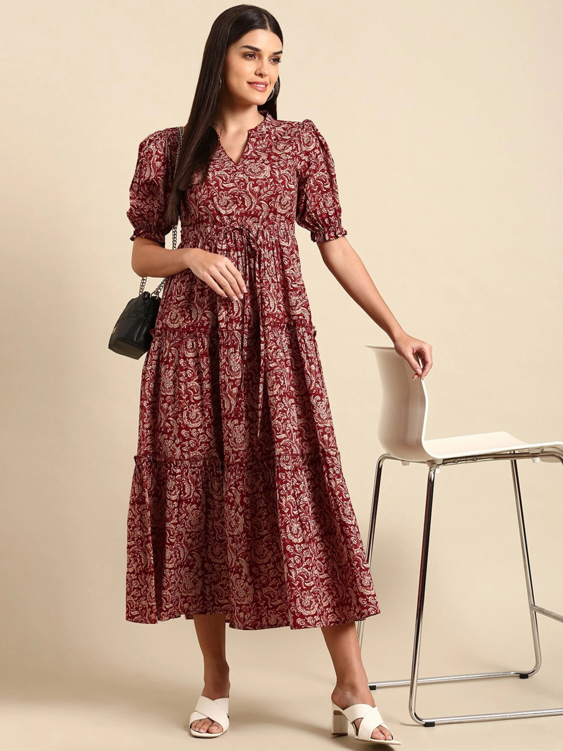 Zeflora Floral Bell-Sleeve Midi Dress