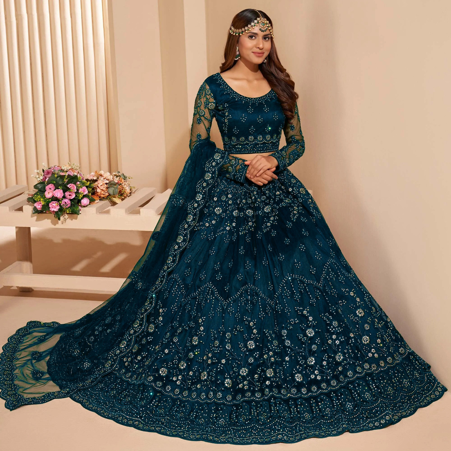 Divashree Dark Blue Net Lehenga Choli