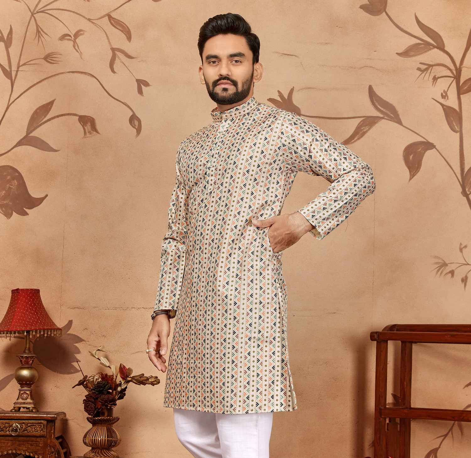 Civanth V-shapes &and polka dots Print Kurta