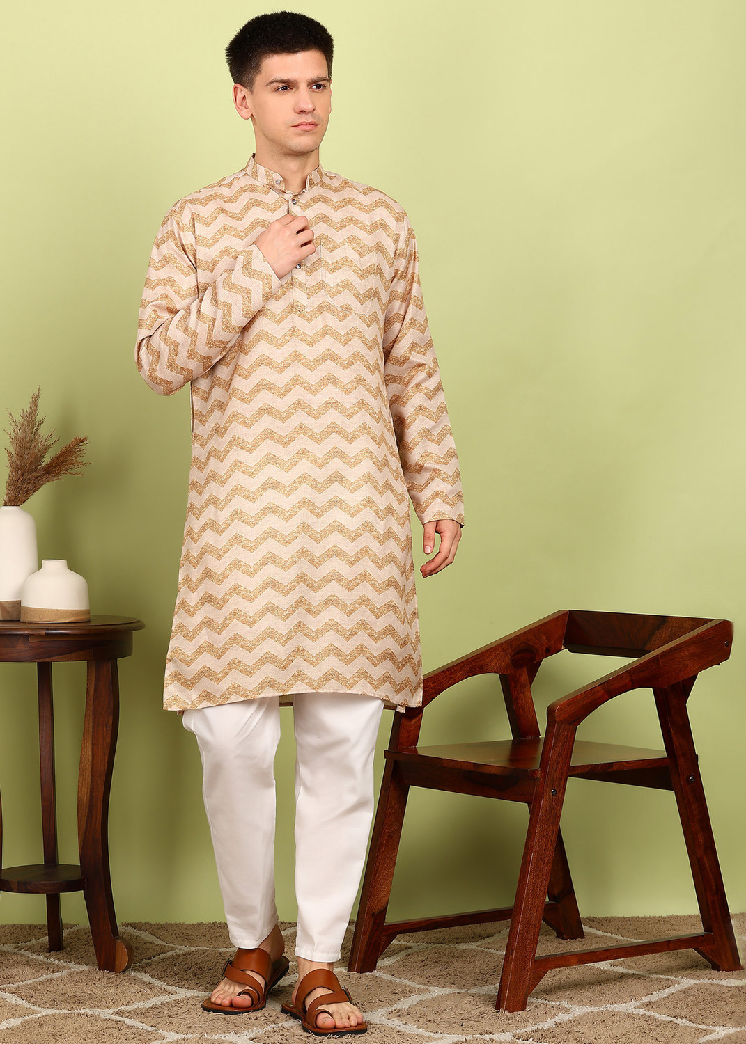 Festivo Cream colorZig-Zag Print Kurtha
