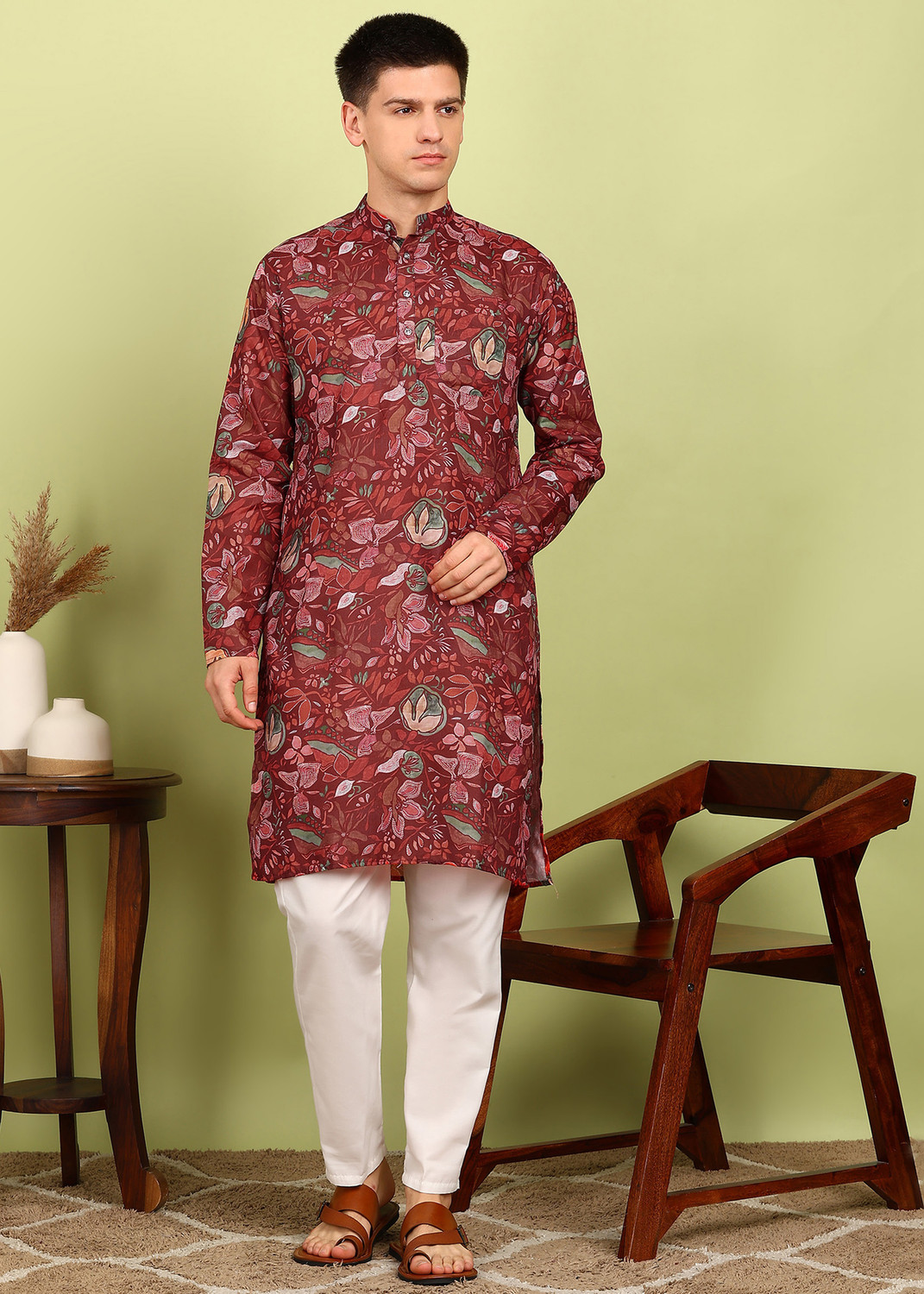 Festivo Sage green and ivory floral print Kurtha Set