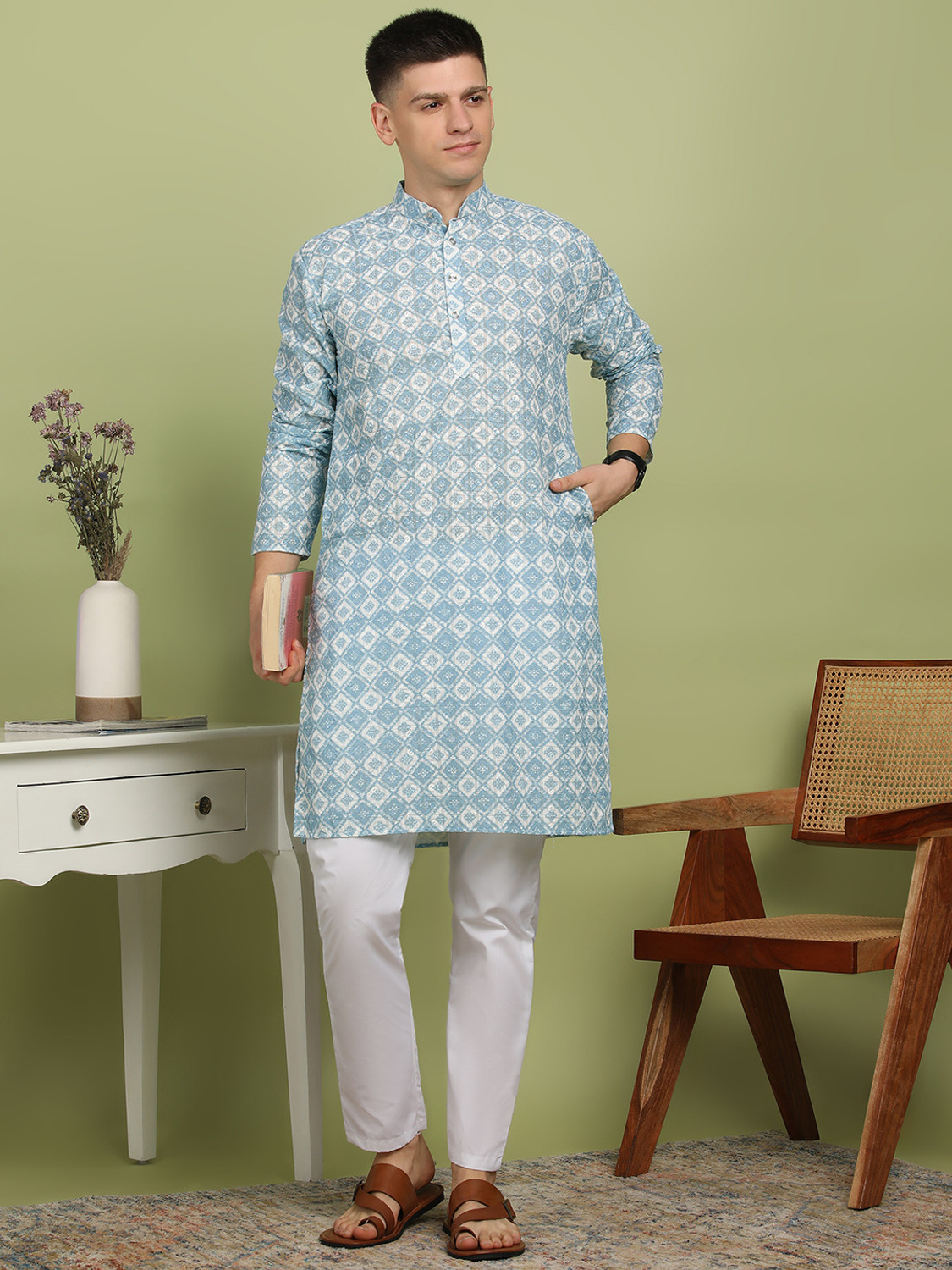 Festivo Chikan Embroidered Cotton Blend Kurtha Set