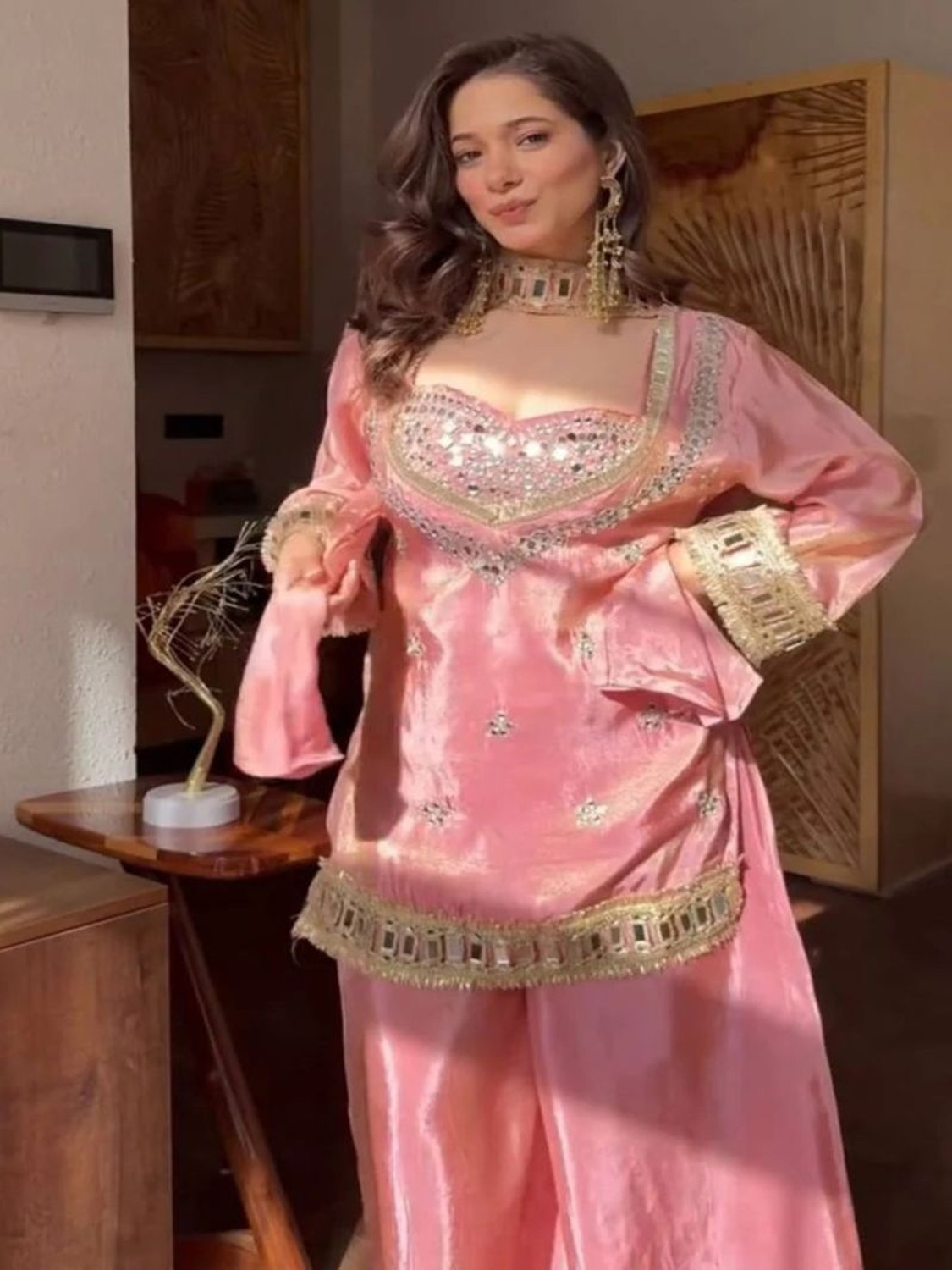 RIVANYA Women Silk Blend Kurti, Palazzo & Attached Dupatta Set