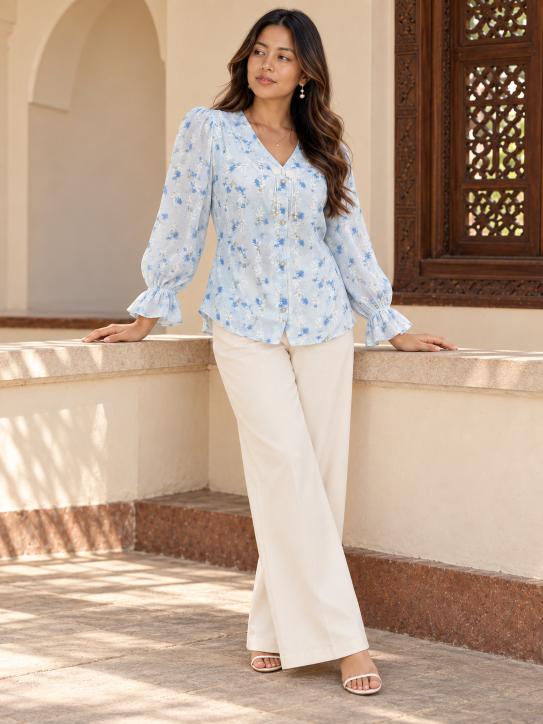 Elira Floral V-Neck Flared-Sleeve Top