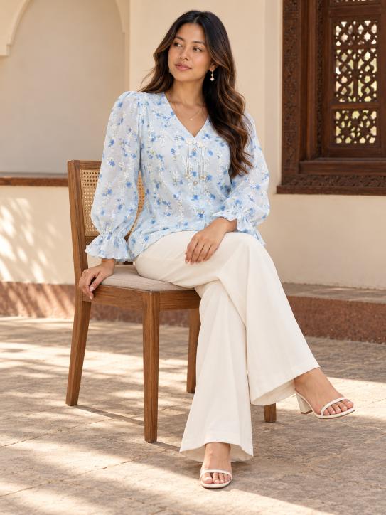 Elira Floral V-Neck Flared-Sleeve Top