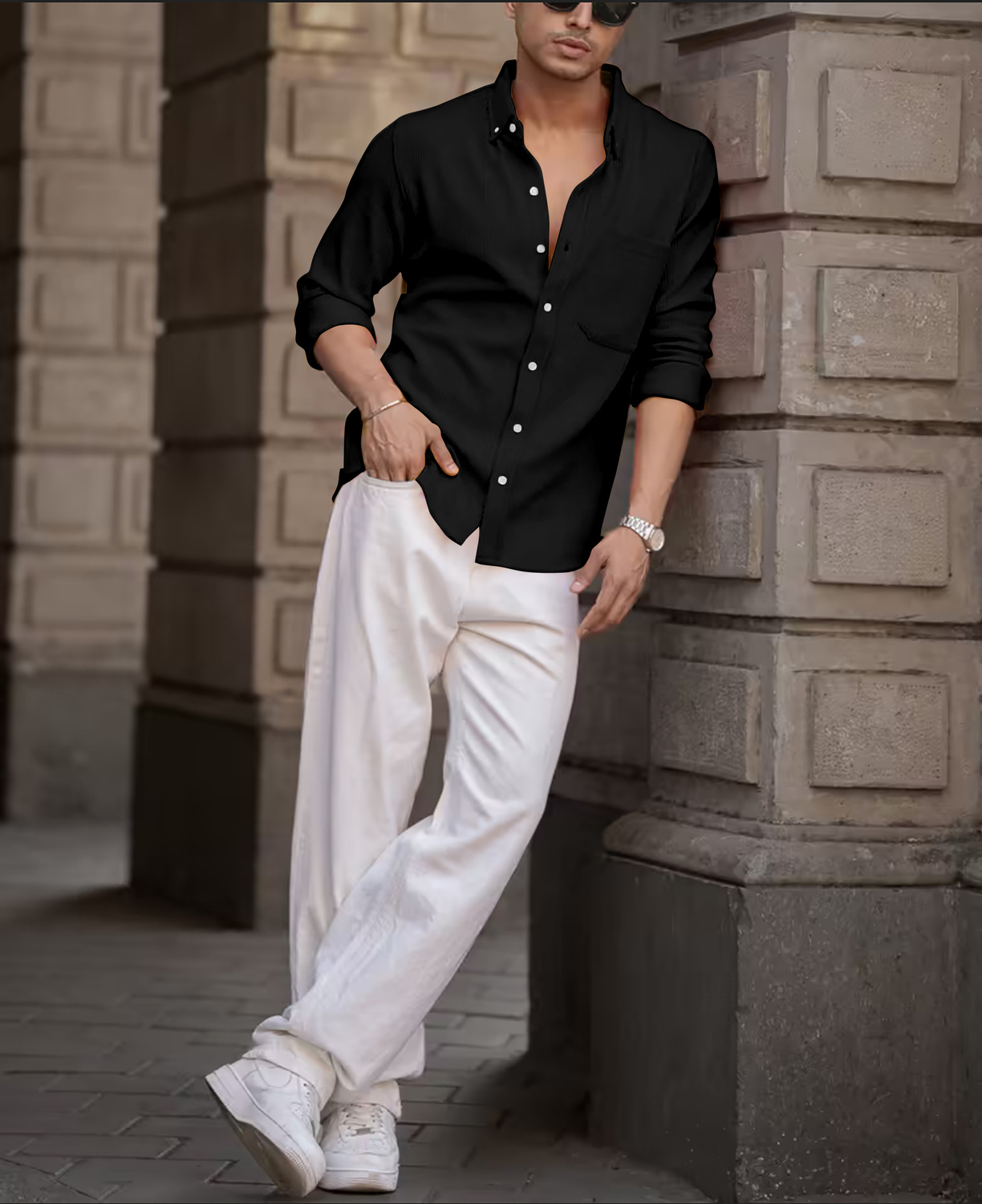 Cevron Black Self Design Casual Shirt
