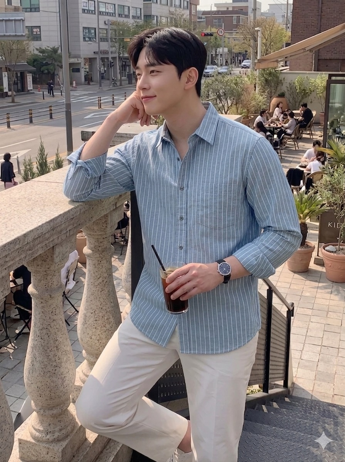 QUINTON Light Blue Self Design Casual Shirt