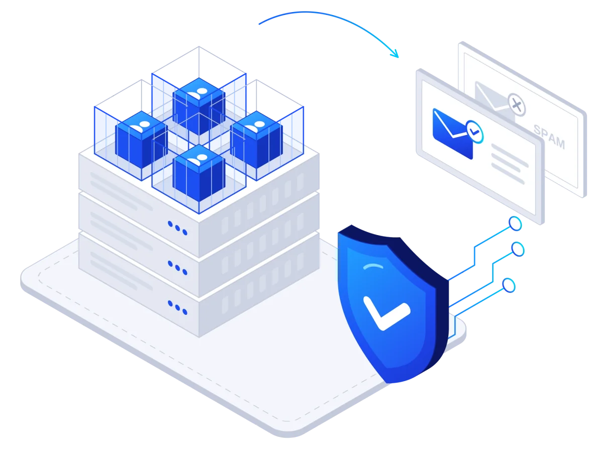 Isolated hosting accounts on a secure server with spam filtering