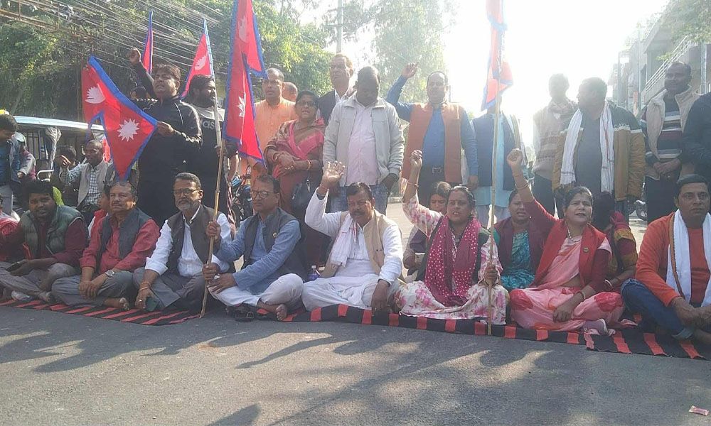 नेपालको झण्डासहित मधेश भवनमा सात दलको धर्ना