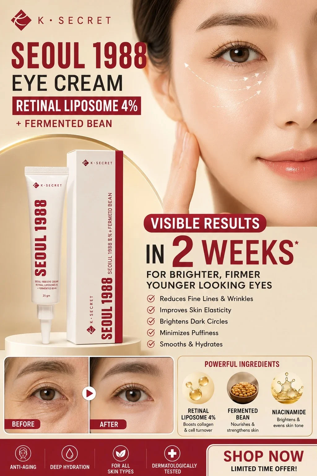 K-SECRET Seoul 1988 Retinal Liposome 4% Korean Eye Cream | Anti-Aging, Dark Circles, Fine Lines & Puffiness cares