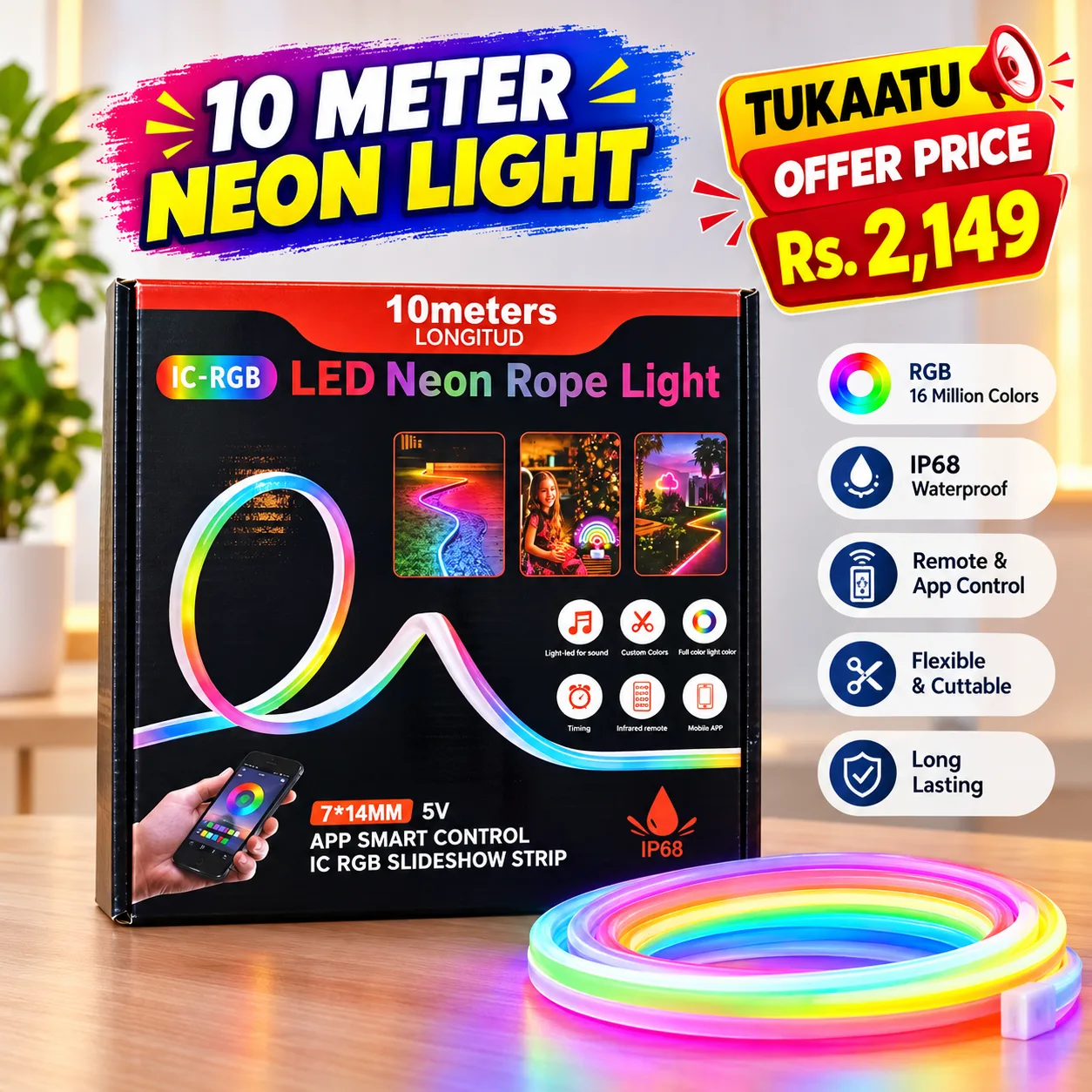 Portable Electric 10 Meter RGB LED Neon Rope Light – Smart App & Remote Control | IP68 Waterproof