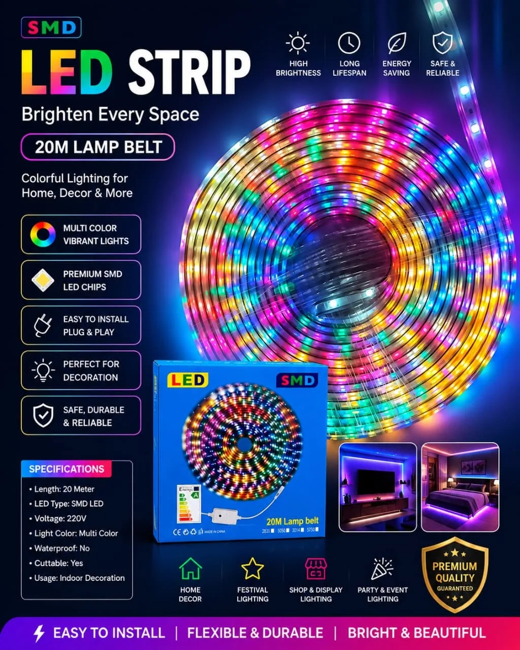 20M Outdoor Waterproof LED Lamp Belt-Multi color &Pouch.