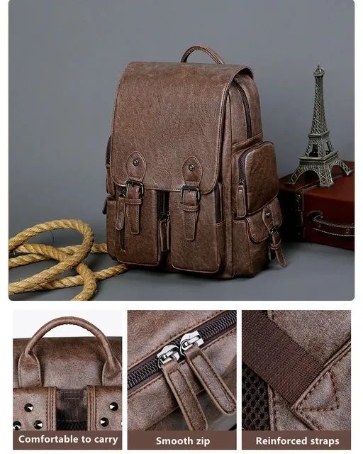 Genuine Solid PU Leather Large Capacity Backpack For Unisex Casual PU Leather Bag For Travelling And Official Purpose