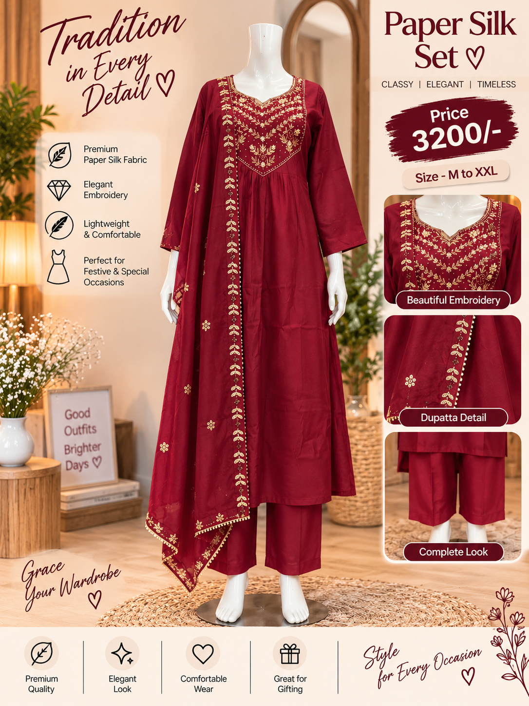 Paper silk umbrella set maroon