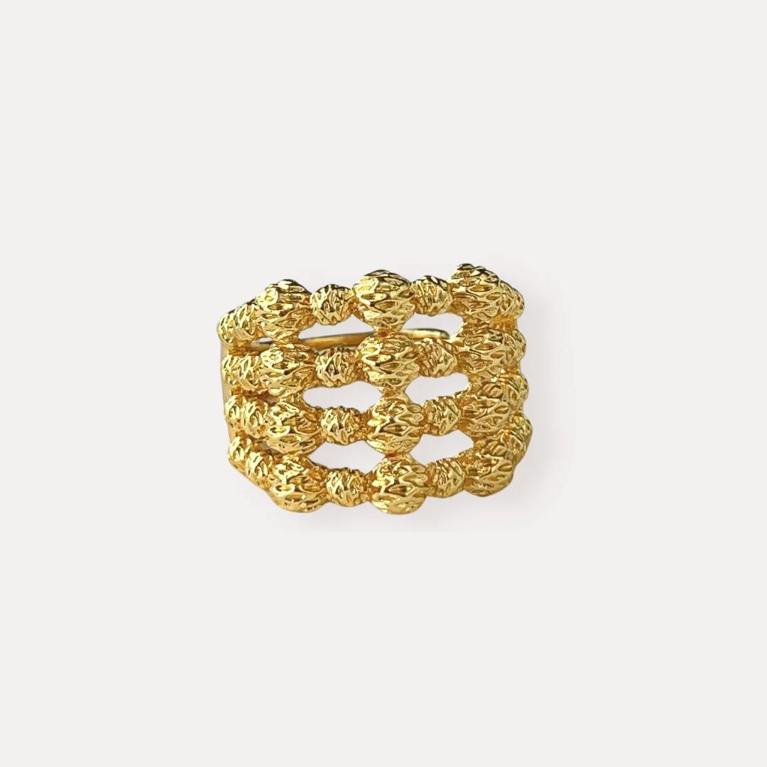 Multi-Row Beaded Lattice Gold Ring
