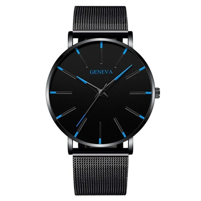 Minimalist Ultra Thin watches Mens Fashion Stainless Steel Mesh Belt - M Black Blue