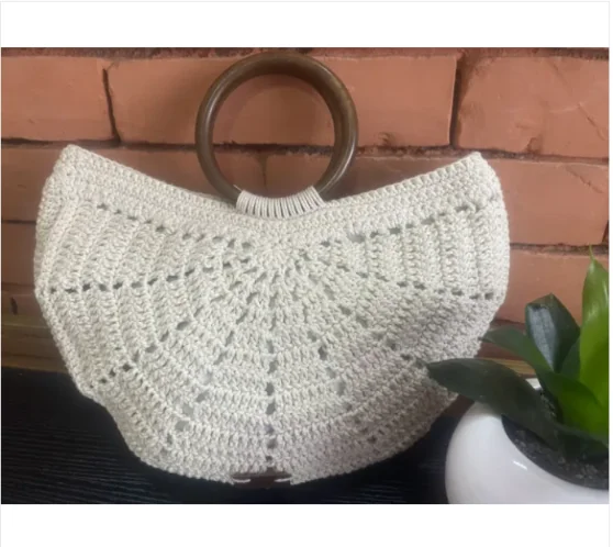 Handmade Crochet Moon Bag With Wooden Handle