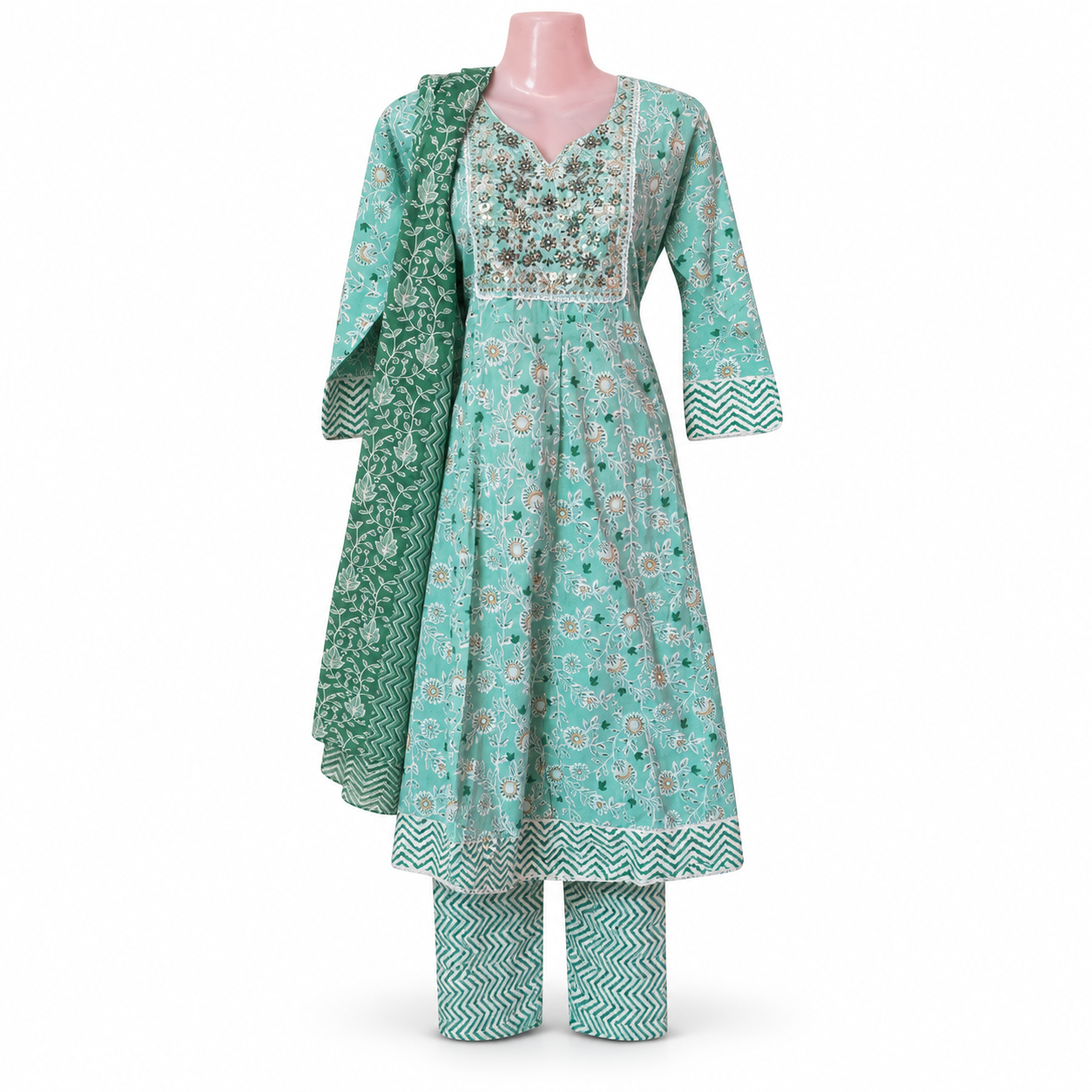 Mint Green Floral Kurta Set with Dupatta