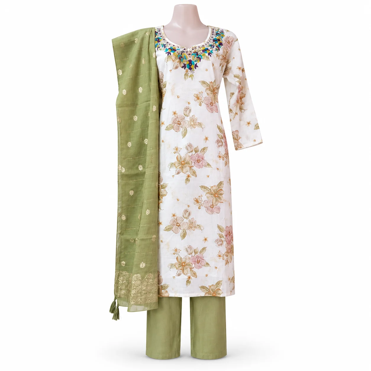 Off-White Floral Kurta Set with Olive Green Dupatta